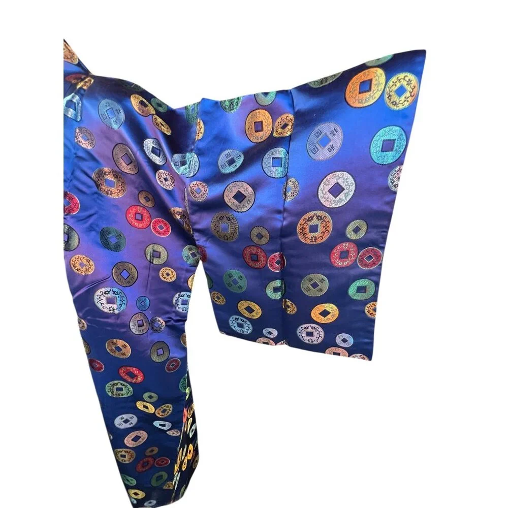 Kimono Royal Blue Satin With Multicolor Brocade Motifs Women’s Size 16 18New - Picture 8 of 12